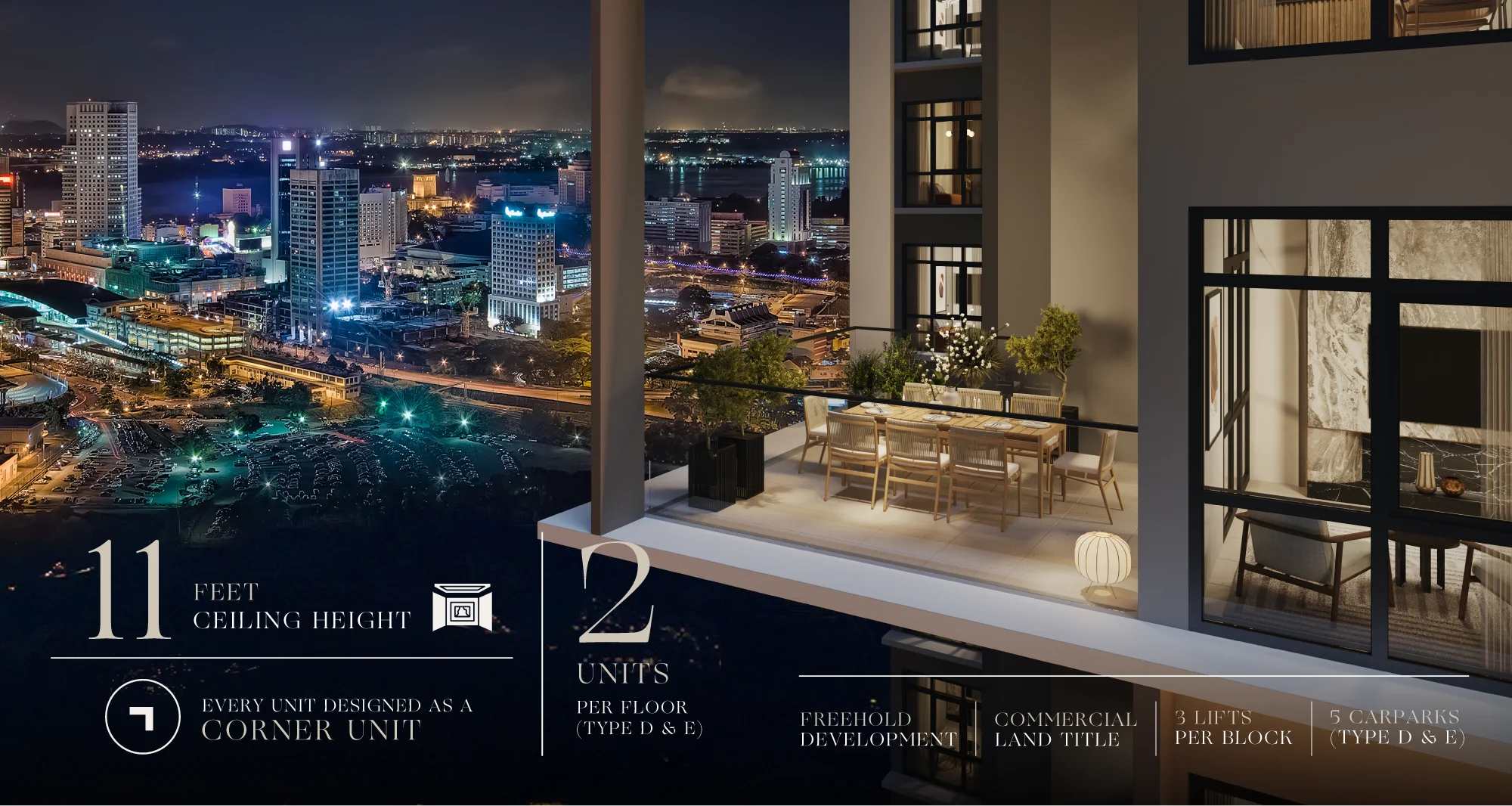 Night view from a private balcony at The Peak, featuring an outdoor dining area overlooking the illuminated city skyline.