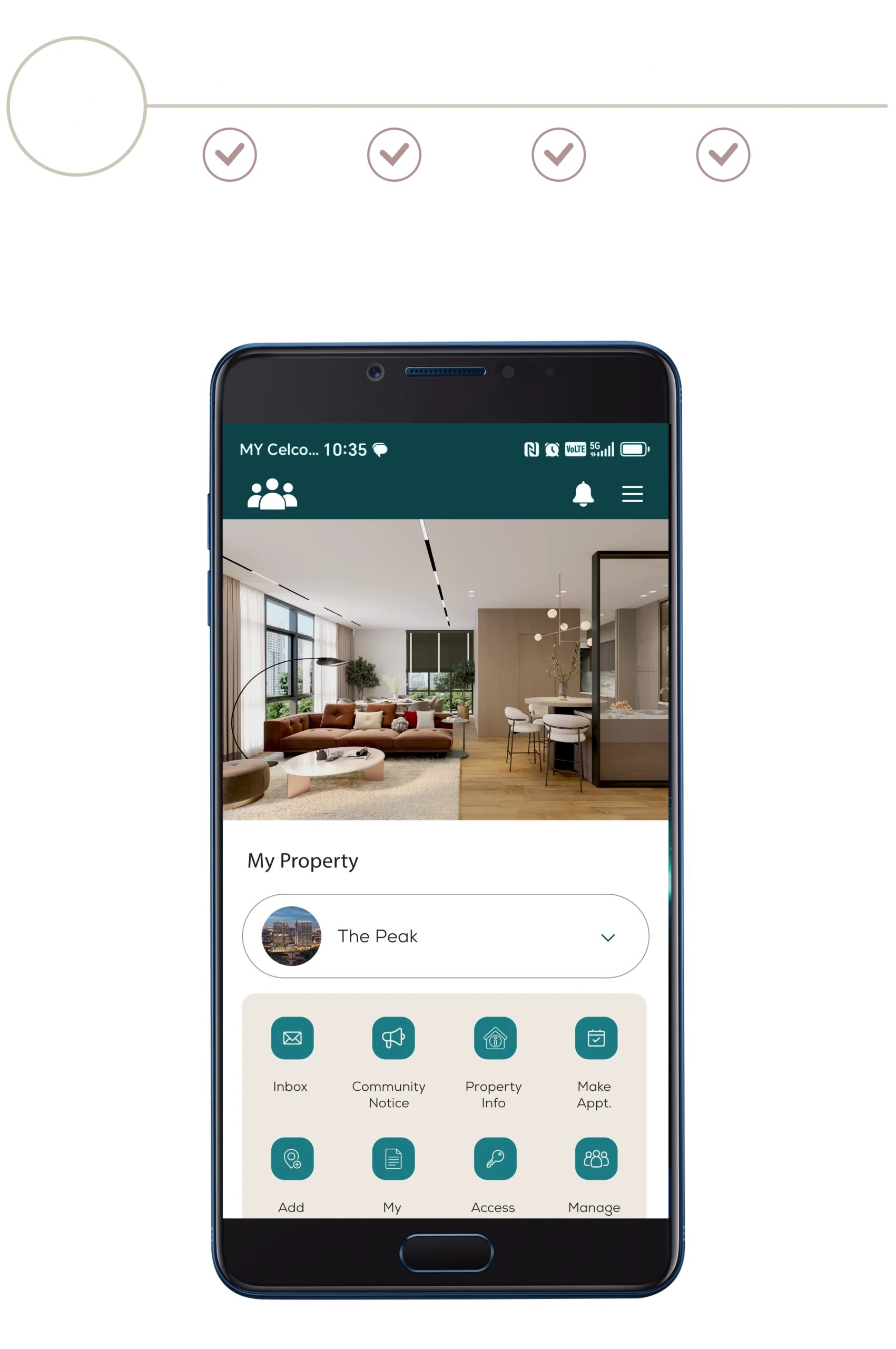 Home and community management mobile app interface for The Peak, allowing residents to access property information, notices, bookings, and services.