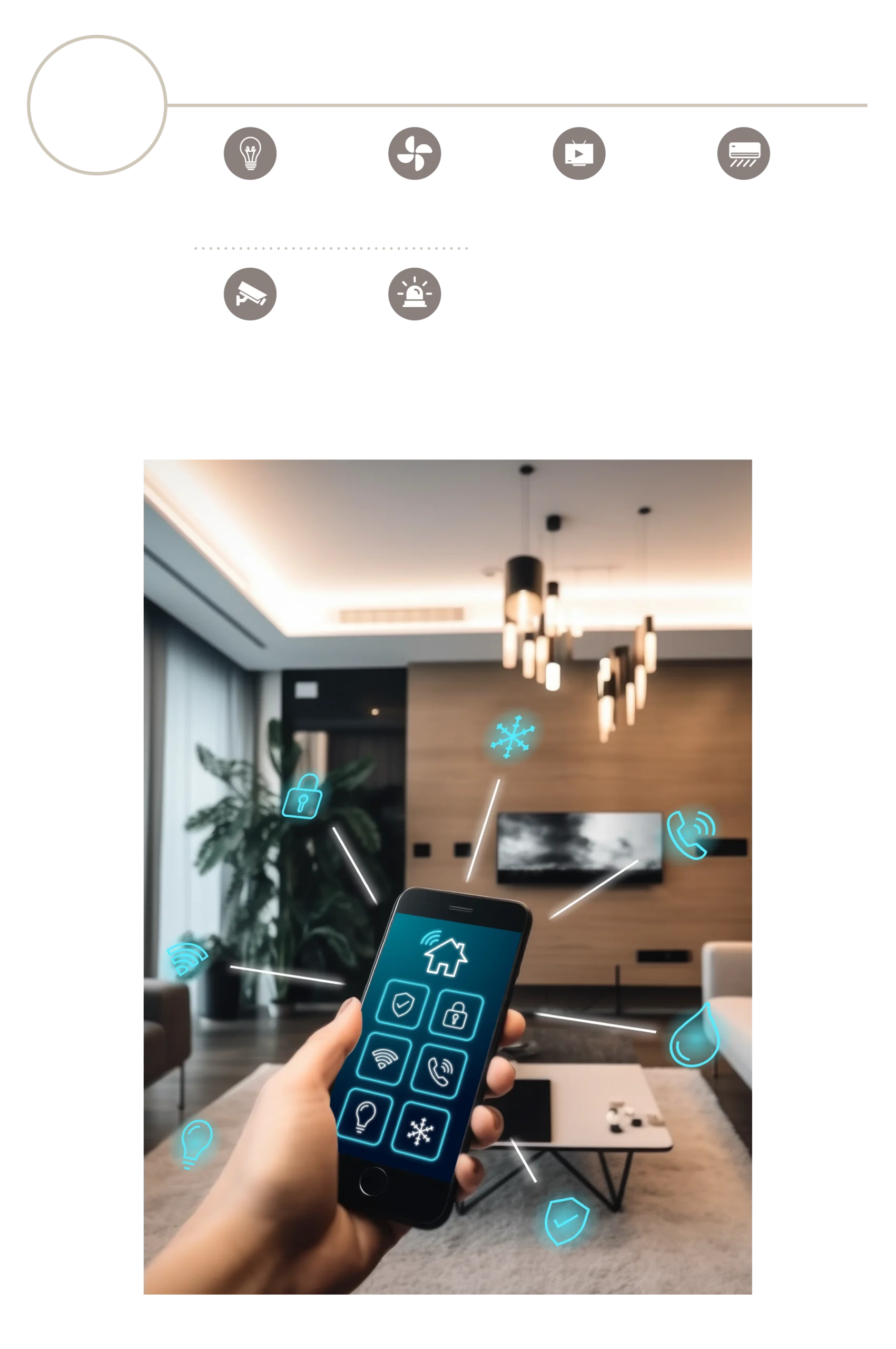 Smart home system floor plan illustrating integrated controls for lighting, air conditioning, security, and appliances throughout the residence.
